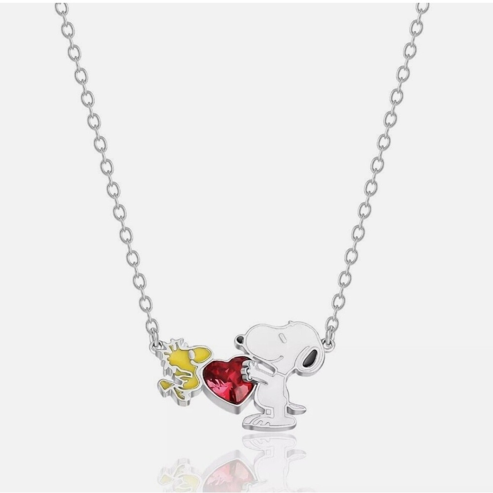 Peanuts SNOOPY and WOODSTOCK Fine Silver Plated Necklace with Red Heart